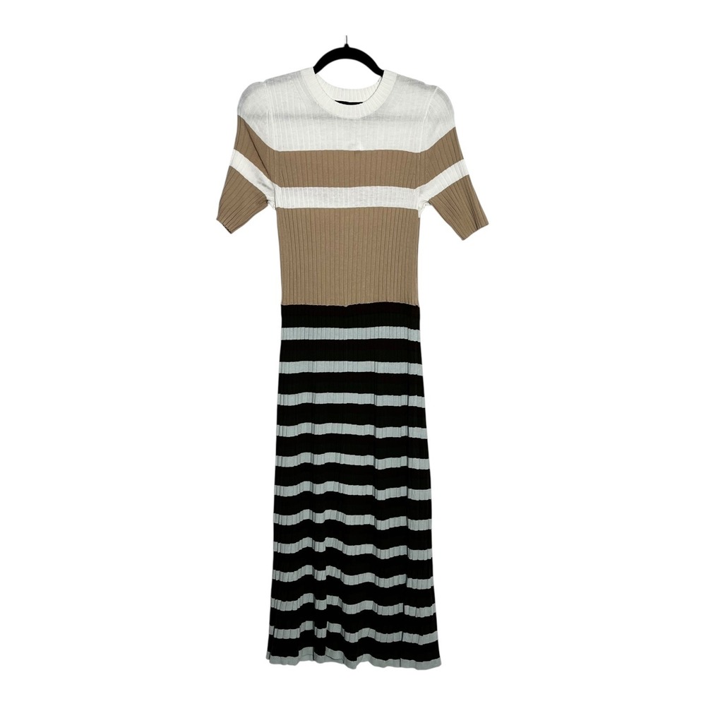Banana Republic Ribbed Knit Midi Dress Tan White Striped Short Sleeve Medium NEW - Picture 1 of 8